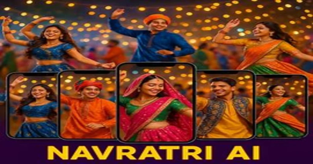 "Navratri AI Photo Prompts India 2025 – AI-generated Garba dance thumbnail with festive colors and traditional attire."