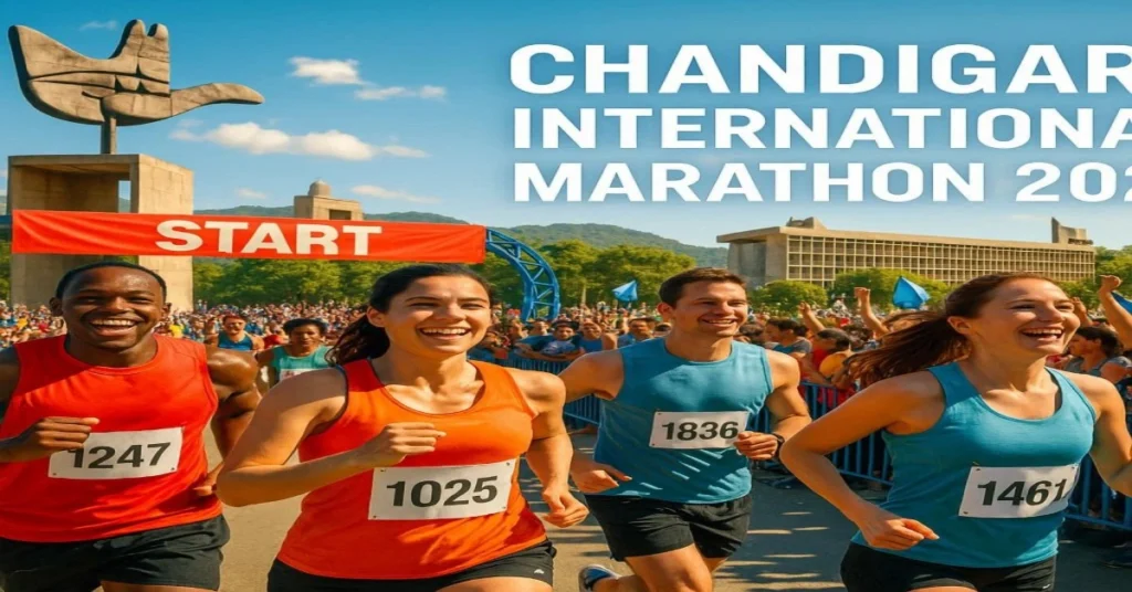 Chandigarh International Marathon 2025 – runners in action, cheering crowd, and marathon route in iconic Chandigarh landmarks.