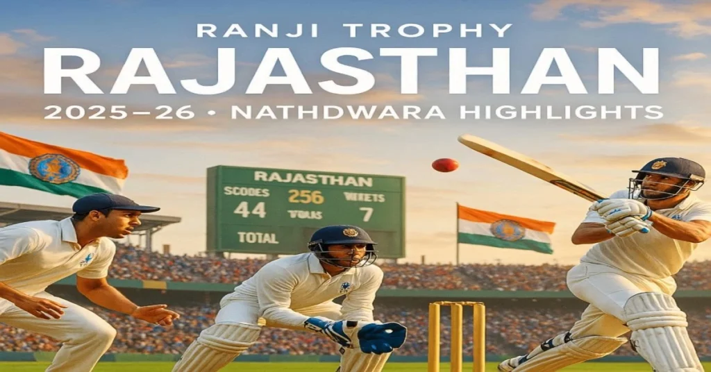 Ranji Trophy Rajasthan 2025–26 – cricket players in action at Nathdwara stadium with cheering crowd and team banners.