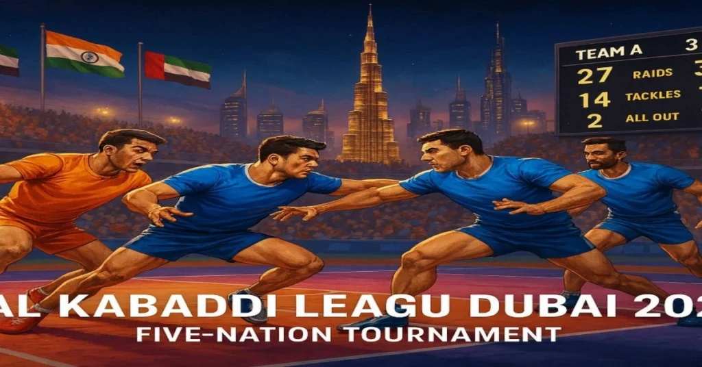 Real Kabaddi League Dubai 2025 – Five-Nation tournament action with kabaddi players, cheering crowd, and Dubai skyline.