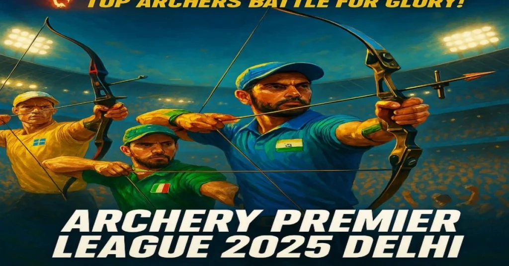 Archery Premier League 2025 Delhi thumbnail showing top archers in action at the stadium