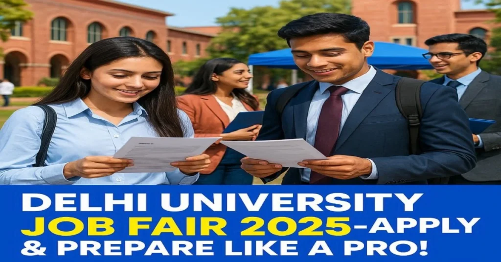 DU Job Fair 2025 Registration Last Date and Preparation Tips thumbnail showing students, campus, laptops and career fair icons