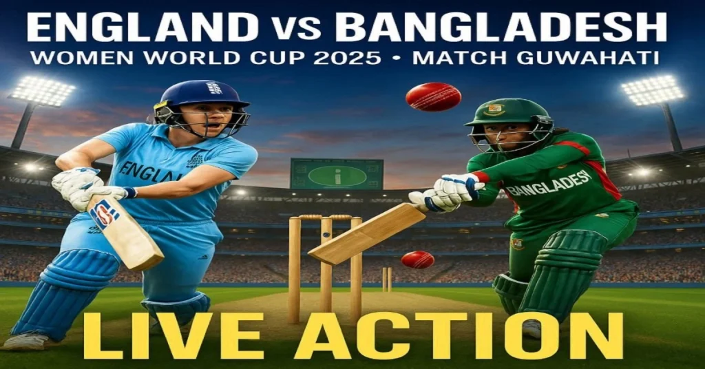 England vs Bangladesh Women World Cup 2025 Match Guwahati thumbnail showing cricket players in action, stadium lights, and tagline LIVE Action! England vs Bangladesh Women 7 Oct 2025 – Don’t Miss a Moment!