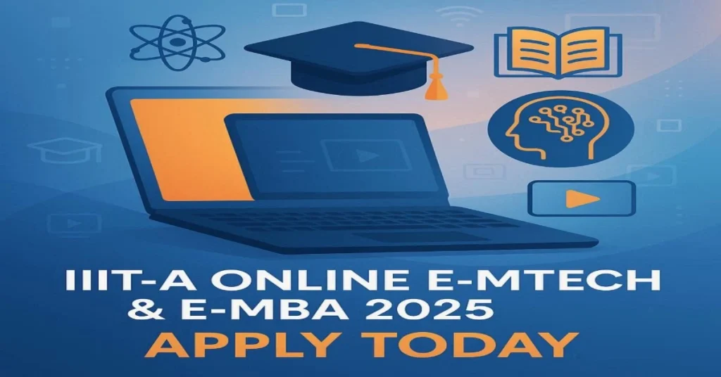 IIIT-A Online e-MTech and e-MBA 2025 Program Launch thumbnail showing laptops, AI/Data Science icons, graduation caps with tagline Apply Today & Upgrade Your Career