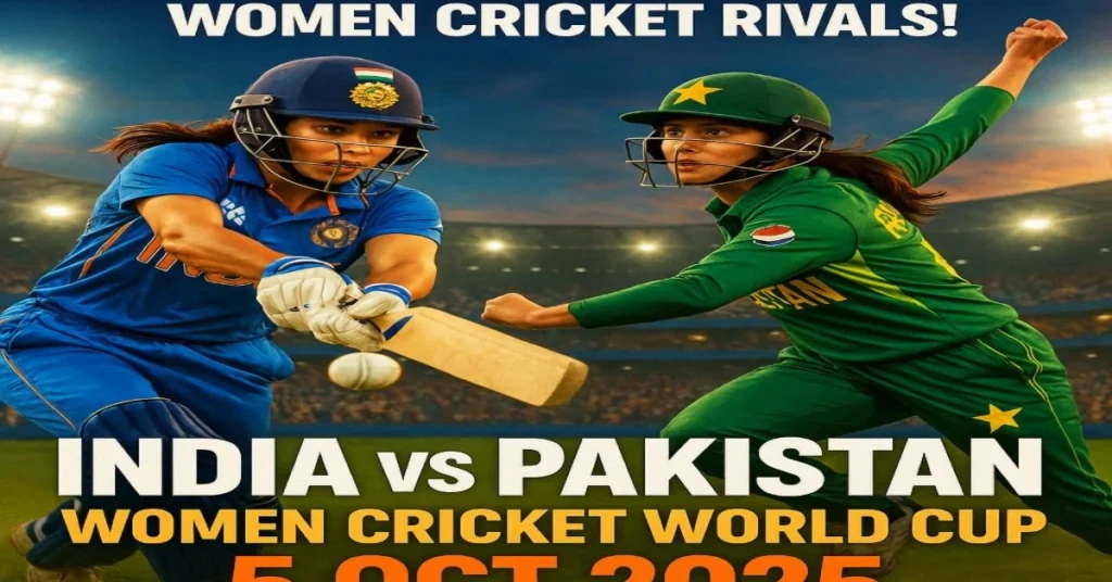India vs Pakistan Women Cricket World Cup 5 Oct 2025 match action with India and Pakistan female cricketers