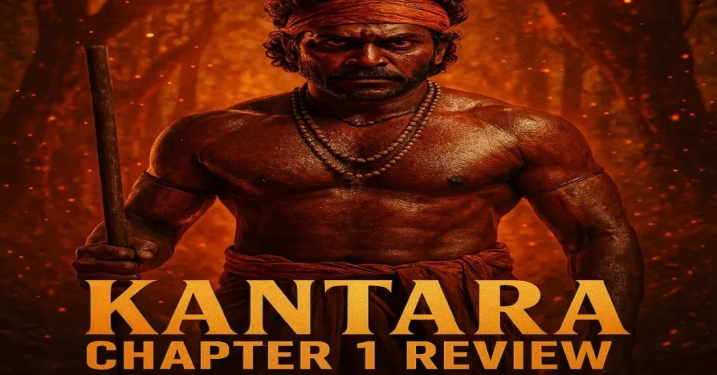 Kantara: A Legend – Chapter 1 movie review thumbnail featuring intense tribal warrior in cinematic forest scene with ★★★★½ rating