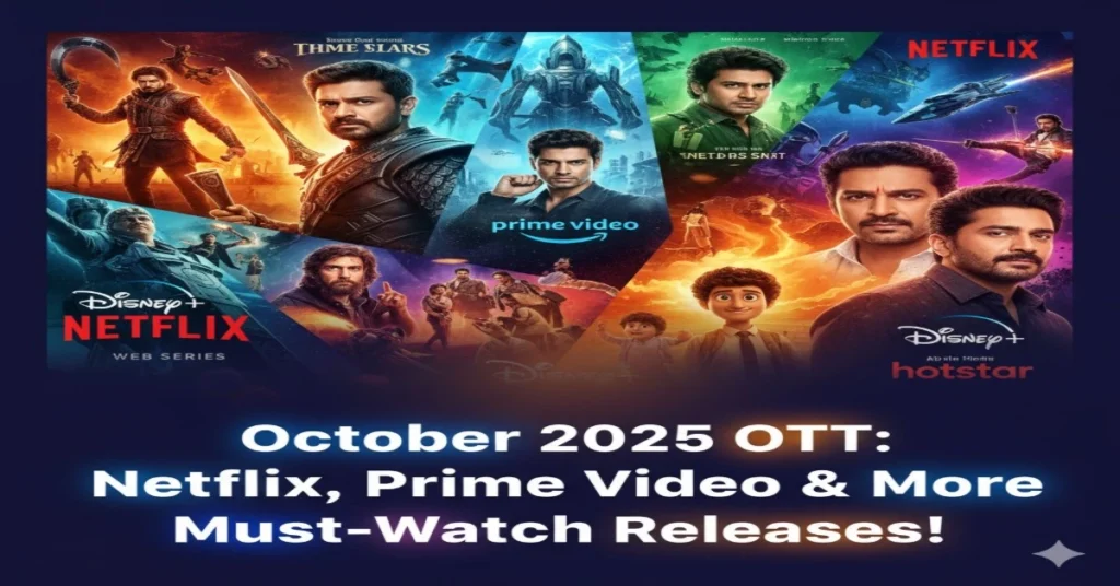 October 2025 OTT Releases: Netflix, Prime Video & More Must-Watch Releases! thumbnail with popular movie and web series posters.