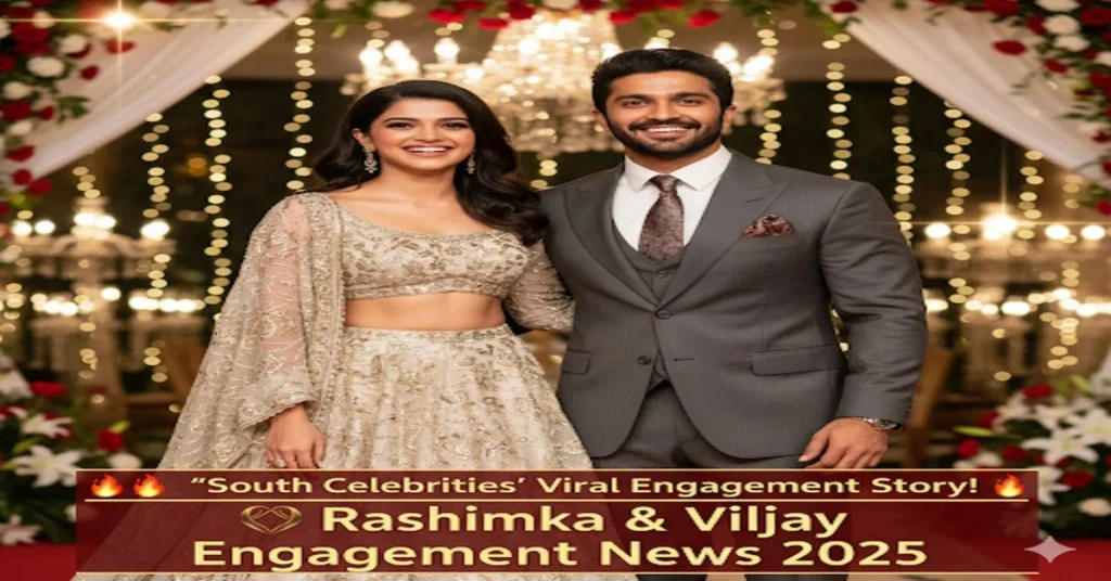 Rashmika Mandanna and Vijay Deverakonda Engagement News 2025 thumbnail showing couple together with wedding style background