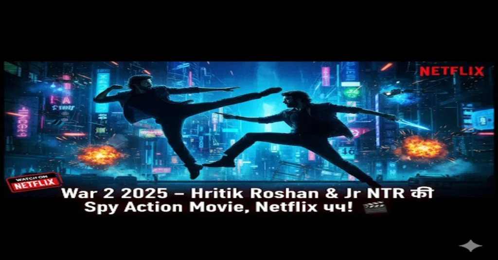 War 2 2025 Hrithik Roshan Jr NTR Netflix Spy Action Movie thumbnail with action-themed background, bold tagline "War 2 2025 – Hrithik Roshan & Jr NTR की Spy Action Movie, Netflix पर!"